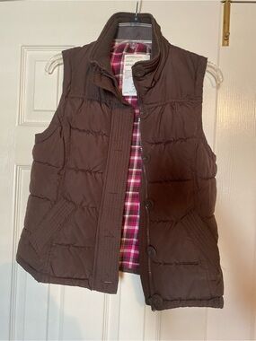 Brown Quilted Puffer Vest with Pink Plaid Lining